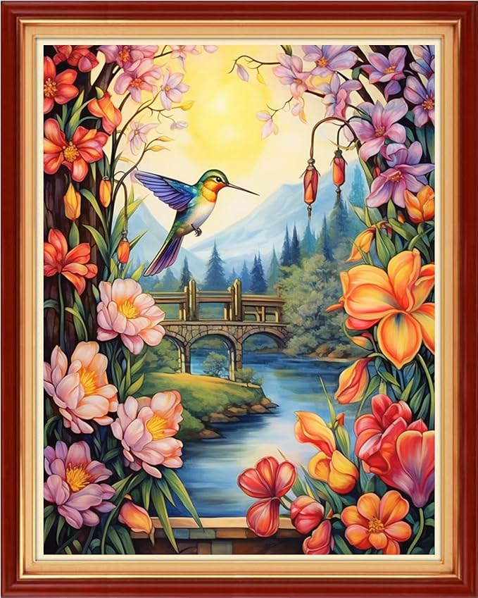 Redxing Stamped Cross Stitch Kits Embroidery kit for Beginners Adults Full Range of Embroidery Patterns Starter Kits DIY Printed Cross Stitch Kits Needlepoint Kits 11CT-Flower Hummingbird 16x20 inch