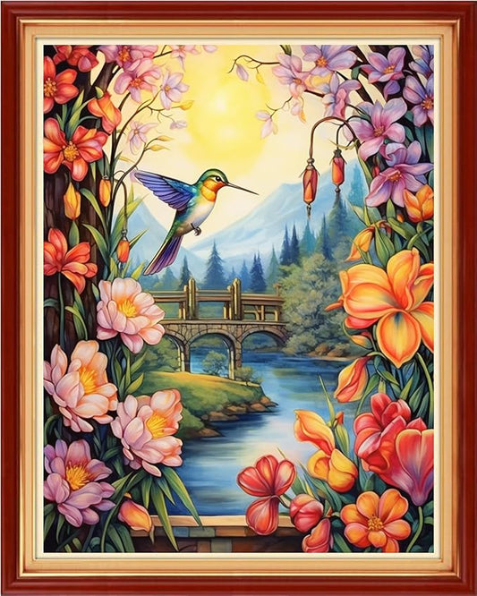 Redxing Stamped Cross Stitch Kits Embroidery kit for Beginners Adults Full Range of Embroidery Patterns Starter Kits DIY Printed Cross Stitch Kits Needlepoint Kits 11CT-Flower Hummingbird 16x20 inch