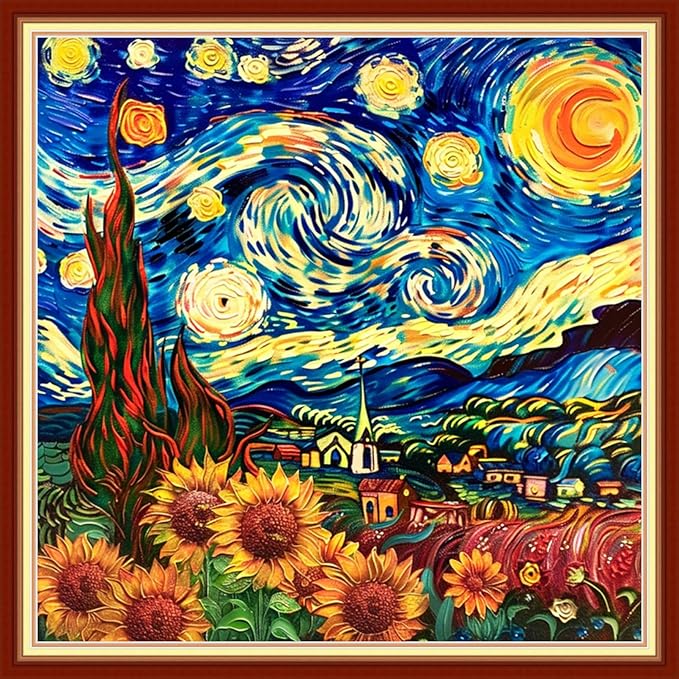 Joyhoor Stamped Cross Stitch Kits for Beginners Needlepoint Kits for Adults Embroidery Kits 11CT Counted Cross Stitch Kits Printed Embroidery Pattern-Van Gogh Starry Sky Flowers 18x18 inchs