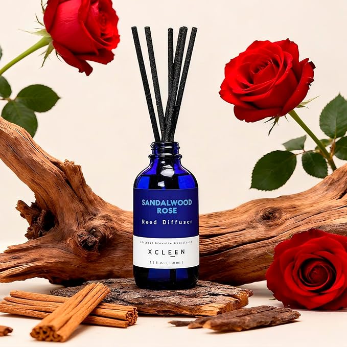 Xcleen Reed Diffuser Set, Sandalwood Rose Scented Oil Diffuser with Sticks, Home Fragrance Reed Diffusers for Bathroom Shelf Decor & Air Fresheners