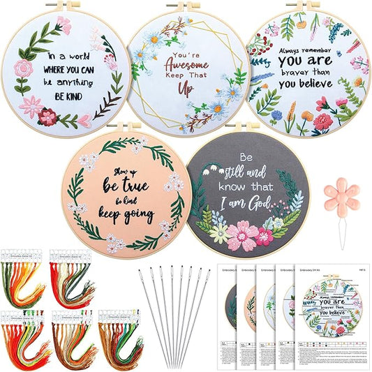 Crowye 5 Sets Inspired Quote Embroidery Kit for Beginner Adult Motivational Embroidery Starter Set Floral Cross Stamped Needlepoint Kit Hoops Thread Needles for Adults Craft Lover