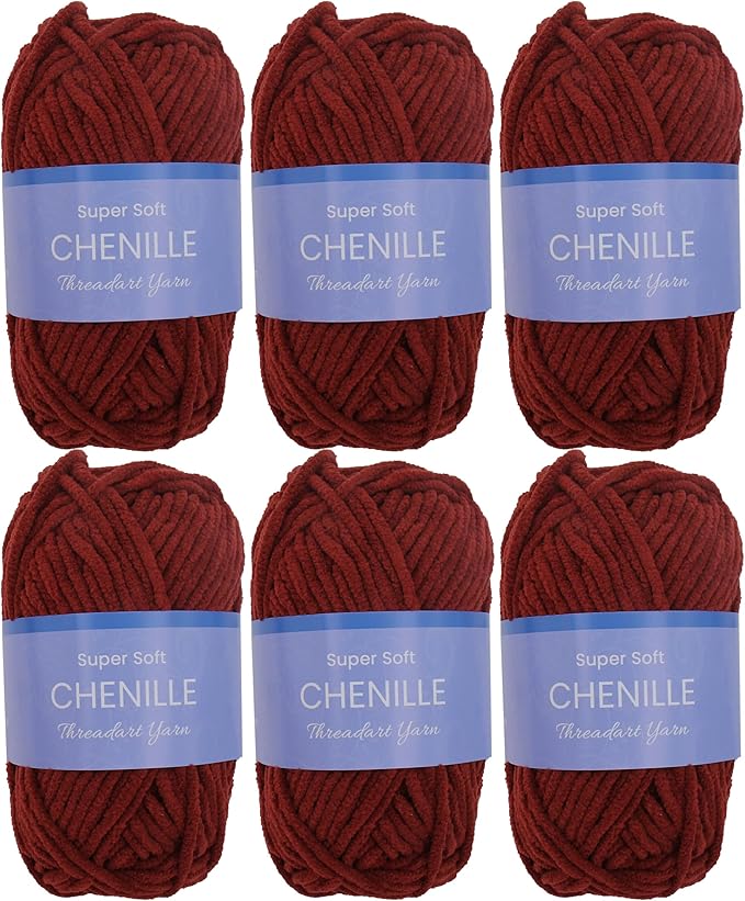 6 Pack ThreadArt Chenille Yarn for Crocheting, Knitting, Amigurumi, Super Soft Plush Velvet Yarn - 50 Gram 60 yds #5 Fluffy Yarn Skeins - Burgundy 30