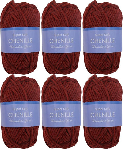 6 Pack ThreadArt Chenille Yarn for Crocheting, Knitting, Amigurumi, Super Soft Plush Velvet Yarn - 50 Gram 60 yds #5 Fluffy Yarn Skeins - Burgundy 30