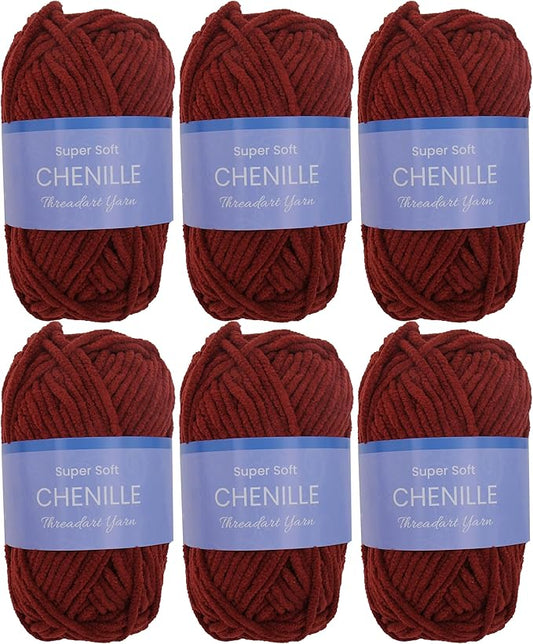 6 Pack ThreadArt Chenille Yarn for Crocheting, Knitting, Amigurumi, Super Soft Plush Velvet Yarn - 50 Gram 60 yds #5 Fluffy Yarn Skeins - Burgundy 30