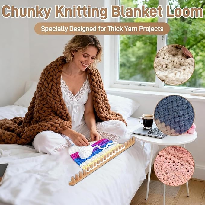 Knitting - Chunky Blanket, Hand Knitting Set, Adjustable Wooden Looms Frame, Yarn Crochet Kit for Crafts Hobby Beginners Friendly Weaving Blankets Scarf Sewing Cushion Wool Projects