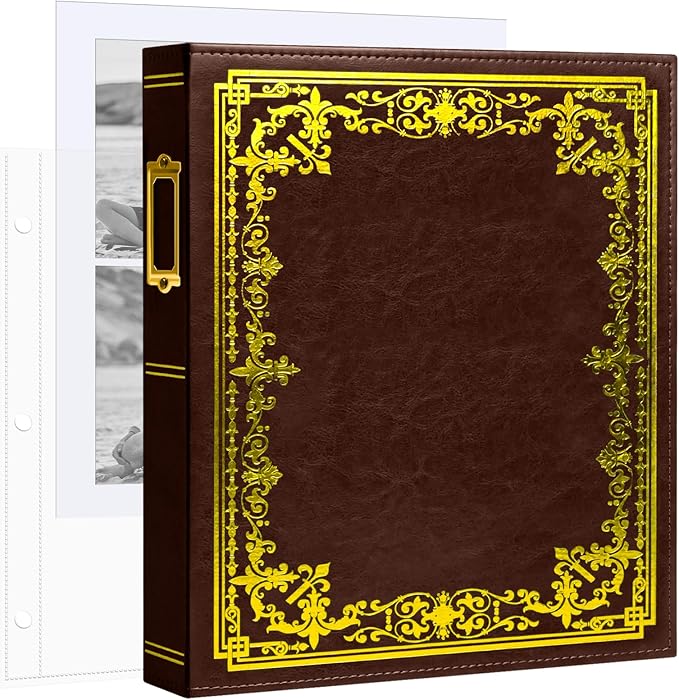 Vienrose Scrapbook Photo Album, 8.5"x11" Faux Leather Cover DIY Scrapbook Album with 50 Sleeves 100 Pages, 3 Ring Vintage Memory Book for Family, Wedding, Birthday, Anniversary, Umber Brown