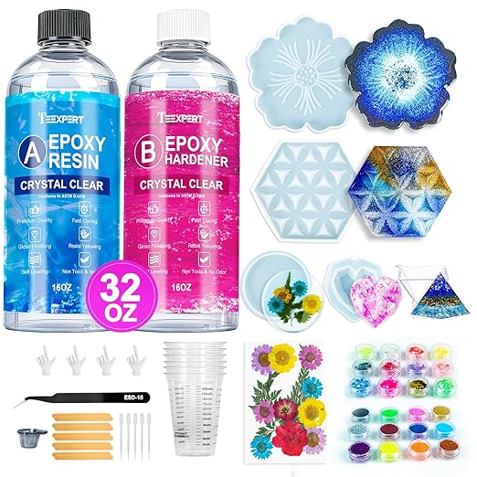Teexpert Epoxy Resin Kit for Beginners, 32OZ Resin Kit with Silicone Molds, Complete Set with 24 Colors, Dried Flowers and Art Supplies, Crafts for Adults, Gift Set for DIY Coaster & Decor