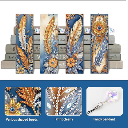 4-Pack 5D Diamond Painting Bookmarks Kit, DIY Diamond Art Bookmarks with Rhinestones and Tassels, Bohemian Unique Flower and Feather Designs, Handmade Bookmark Set for Adults, Gift for Book Lovers