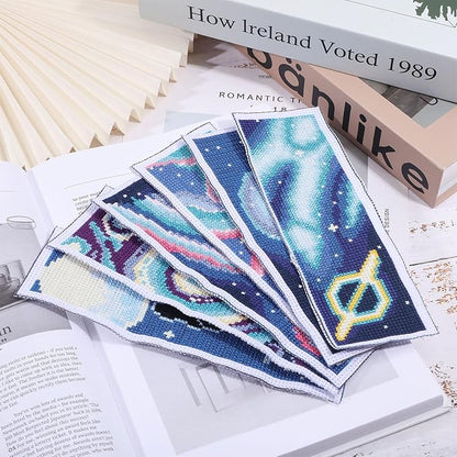 ORIGACH 6 Set Cross Stitch Bookmark Kit for Beginner Starry Sky Pattern DIY Stamped Embroidery Bookmark Kit with 20 Colors Embroidery Floss Instructions 8''x2.4''