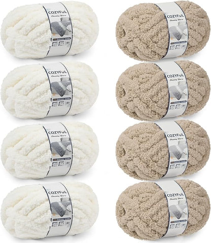 Chunky Yarn for Hand Knitting - #10 Chunky Chenille Yarn, Jumbo Big Thick Chunky Yarns for Crocheting, Super Bulky Chunky Knit Blanket Yarns, 8 Skein (25yd, 8oz/Skein), Cream & Khaki