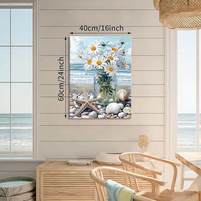 WENGTIAO Blue Beach Bunch of Flowers Canvas Wall Art Ocean Stones Paintings White Flowers in Full Bloom Wall Picture Canvas Print Artwork Wall Decor for Dining Office Living Room Bedroom 16"x24"