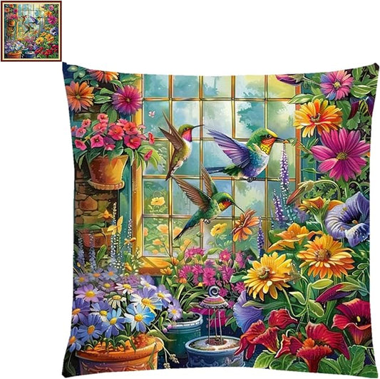 Lovxvouy Pillow Cross Stitch Kits for Adults Beginners-Preprinted Needlepoint Kit Stamped Crossstitching Kits 11CT Cross-Stitch Kit Stitches Kit Embroidery Kits-Garden Hummingbird 18x18 inchs