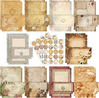 TaoBary 160 Pcs Stationery Paper Set 50 Double Sided Stationery Papers with 50 Matching Envelopes and 60 Round Dot Sticker, 10 Design(Lace Edged Scrapbook,8.5 x 11 Inch)