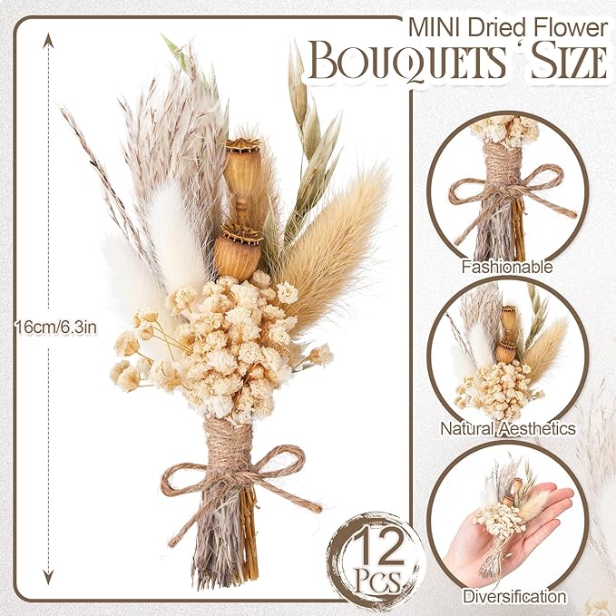 Nuanchu 12 Pcs Mini Dried Flower Bouquet 6" Natural Small Dried Flower with Stem for Birthday DIY Crafts Scrapbook Vase Boho Party Plates Cake Bridesmaid Gifts Card Envelope Decor(Classic)
