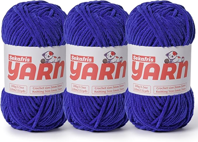 3 Pack Plush Chunky Chenille Yarn for Crocheting, Soft Fluffy Velvet Yarn for Crocheting, Fuzzy Baby Blanket Knitting Yarn, 300g/393yds Bulky Amigurumi Yarns（3 Sapphire Blue）