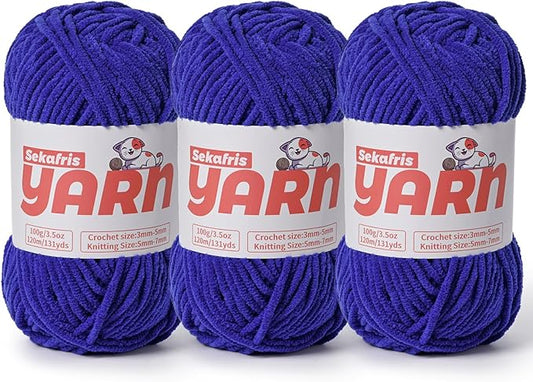 3 Pack Plush Chunky Chenille Yarn for Crocheting, Soft Fluffy Velvet Yarn for Crocheting, Fuzzy Baby Blanket Knitting Yarn, 300g/393yds Bulky Amigurumi Yarns（3 Sapphire Blue）
