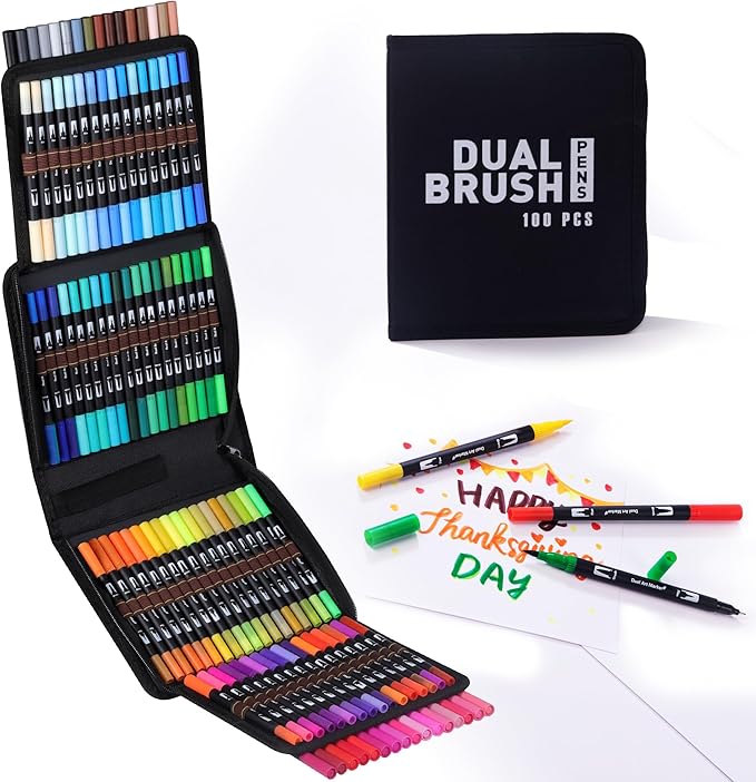 Abvqr Dual Markers Brush Pens, 100 Coloring Pens and Fine Tips – Premium Art Supplies for Adults, Perfect for Coloring Books, Hand Lettering, Calligraphy, and Drawing