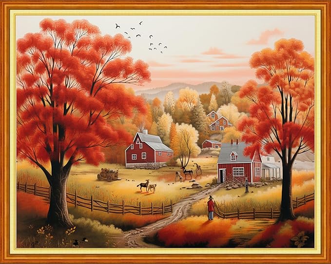 DMCVIVR Stamped Cross Stitch Kits for Beginners Adults Needlepoint Kits for Beginners Embroidery Kits for Adults Crossstitch Kit for Beginners 11CT-Autumn Scenery 16x20 inchs