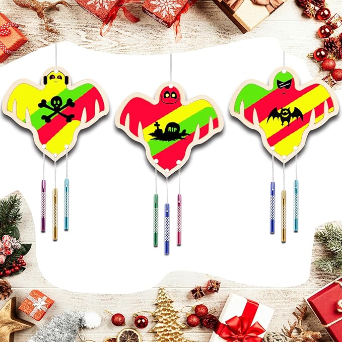 Wooden Ghosts Wind Chime Ornaments Painting Craft,12PCS Unfinished Wood Hanging Decoration,6 Style Cutouts for Adults Olders to Paint DIY Tags Wedding Home Decors Hanging