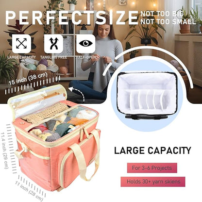 Hoshin Knitting Bag for Yarn Storage, High Capacity Yarn Totes Organizer with Inner Divider Portable for Carrying Project, Knitting Needles(up to 14”), Crochet Hooks, Skeins of Yarn (Pink)