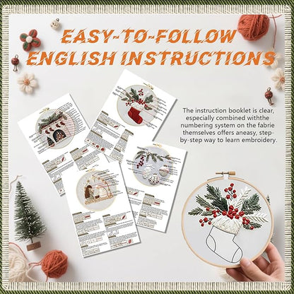 WKALXJ 4 Sets Christmas Embroidery Kits for Adults, Embroidery Kit for Beginners, Cross Stitch Kits for Beginners with Pattern, Needles, Threads, Tools (Holly+Fireplace+Stocking+Nativity Manger)
