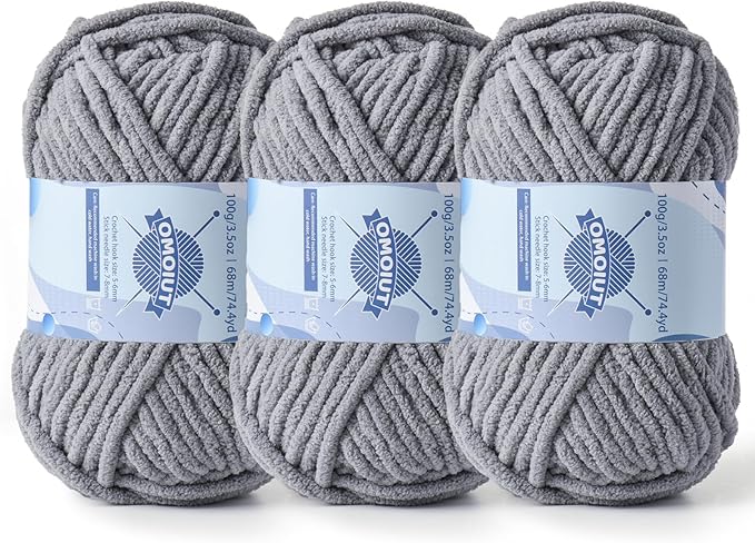 Chunky Chenille Yarn for Crocheting，Baby Yarn for Crocheting Soft Blankets，Bulky Yarns for Crochet Amigurumi，3×100g (3×74.3yds) Fluffy Velvet Yarns for Hand Knitting (3 Light Gray)