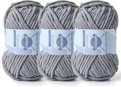 Chunky Chenille Yarn for Crocheting，Baby Yarn for Crocheting Soft Blankets，Bulky Yarns for Crochet Amigurumi，3×100g (3×74.3yds) Fluffy Velvet Yarns for Hand Knitting (3 Light Gray)