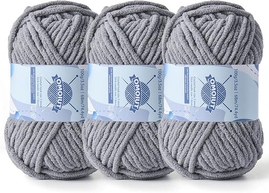 Chunky Chenille Yarn for Crocheting，Baby Yarn for Crocheting Soft Blankets，Bulky Yarns for Crochet Amigurumi，3×100g (3×74.3yds) Fluffy Velvet Yarns for Hand Knitting (3 Light Gray)