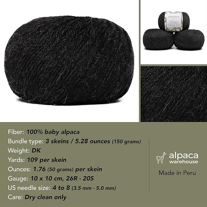 100% Baby Alpaca Yarn Wool Set of 3 Skeins (150 Grams) DK Weight - Made in Peru - Heavenly Soft and Perfect for Knitting and Crocheting (Charcoal Gray, DK)