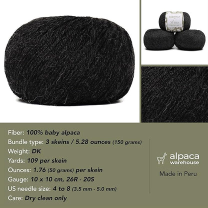 100% Baby Alpaca Yarn Wool Set of 3 Skeins (150 Grams) DK Weight - Made in Peru - Heavenly Soft and Perfect for Knitting and Crocheting (Charcoal Gray, DK)