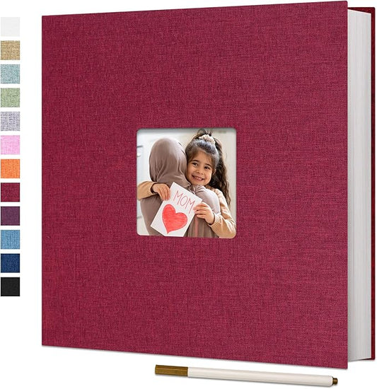 Vienrose Large Photo Album Self Adhesive for 4x6 8x10 Pictures Linen Scrapbook Album DIY 60 Blank Pages with A Metallic Pen Red