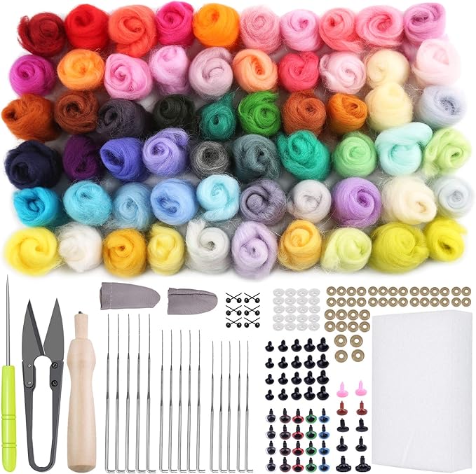 JUPEAN Needle Felting Kits, 60 Colors Wool Roving, Wool Felting Kit with Felting Needles, Foam Mat, Needle Felting Supplies
