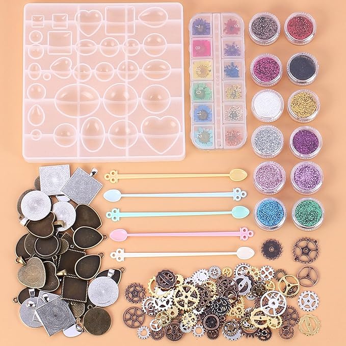 resins Jewelry Making Kit, DIY Pendant Silicone Kit with Dried Flowers and Gears, Reusable and to Demould, resins Mould Starter Kit for Beginners, Includes Various Sizes and Shap