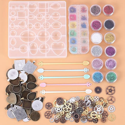resins Jewelry Making Kit, DIY Pendant Silicone Kit with Dried Flowers and Gears, Reusable and to Demould, resins Mould Starter Kit for Beginners, Includes Various Sizes and Shap