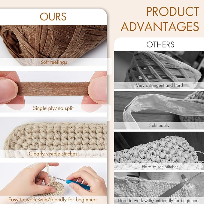 NICEEC 6 Skeins Soft Tape Yarn, Easy Crohcet Raffia, Crochet & Knitting, Paper Ribbon Yarn for DIY Craft Gift Wrapping Total Length 1.76oz×6/109yds×6 - Chocolate