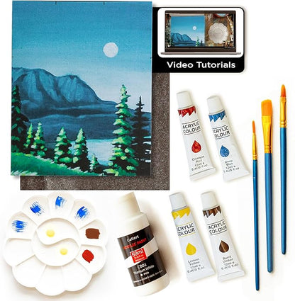 Painting4Real DIY Art Painting Kit for Adults – Learn to Paint Moon River with Video Tutorials – 9 Pieces Acrylic Paint Set for Adults –Perfect Christmas Crafts & Holiday Gifts for Art Lovers