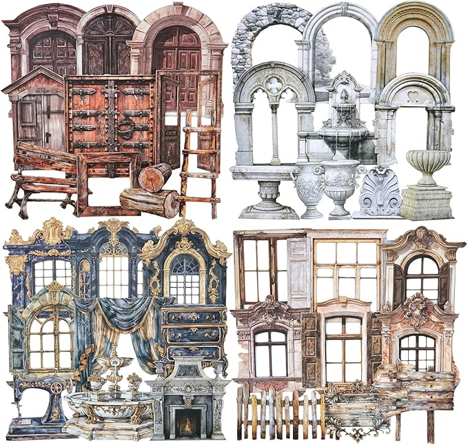 AuriicLeaf Retro Door and Window Cardstock Stickers, 80PCS Vintage Manor Ephemera for Scrapbooking, Journaling, DIY Crafts, and Planner Supplies