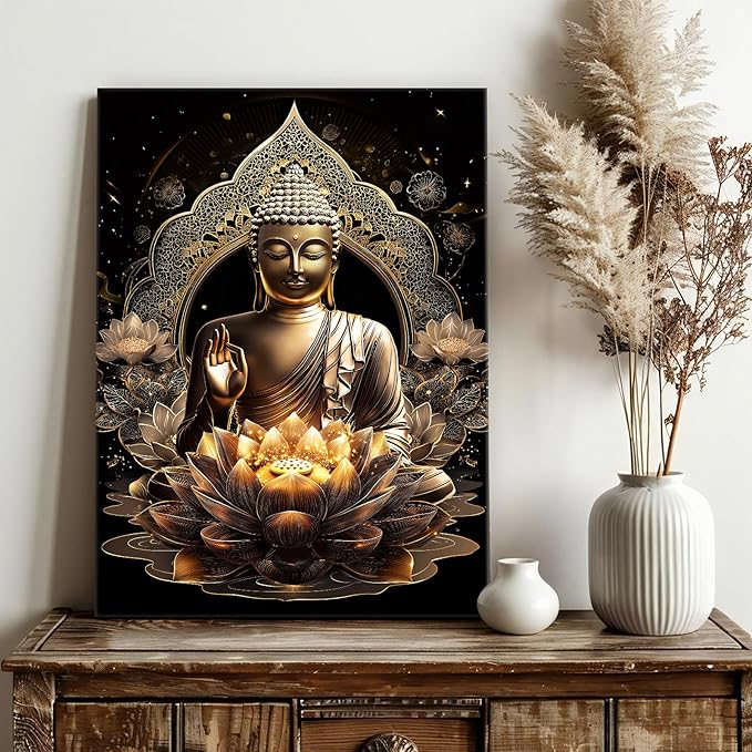 WENGTIAO Black Gold Buddha Framed Canvas Wall Art Zen Lotus Spiritual Relax Wall Pictures for Bathroom Living Room Bedroom Buddhist Meditation Canvas Paintings Prints Wall Decor Artwork 12x16 inch