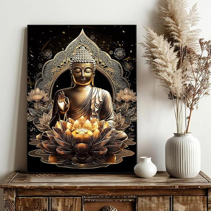 WENGTIAO Black Gold Buddha Framed Canvas Wall Art Zen Lotus Spiritual Relax Wall Pictures for Bathroom Living Room Bedroom Buddhist Meditation Canvas Paintings Prints Wall Decor Artwork 12x16 inch