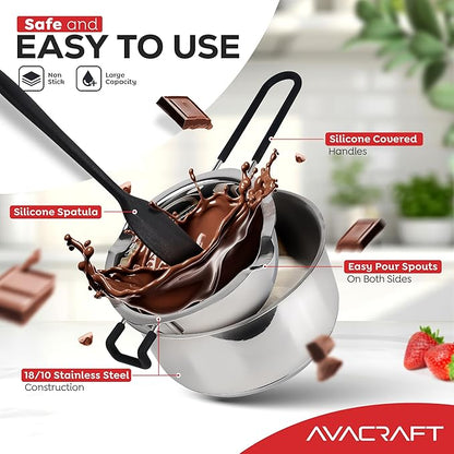 AVACRAFT Double Boiler 18/8 Stainless Steel Double Boiler Pot with Stainless Steel Pot and Silicone Spatula, Double Boiler Set for Melting Chocolate, Candy, Soap, Wax, Candle Making (1 Quart)