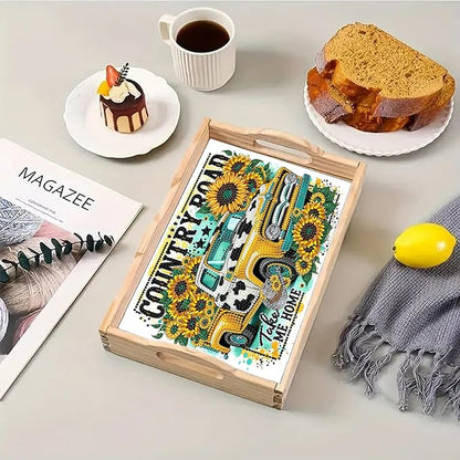 DoxQcs DIY Diamond Art Wooden Tray Kit Easter Food Tray with Handle Diamond Painted Table Decoration Tray for Breakfast Bar Dinner Table Diamond Art Painting for Beginners-#02-Sunflower Car