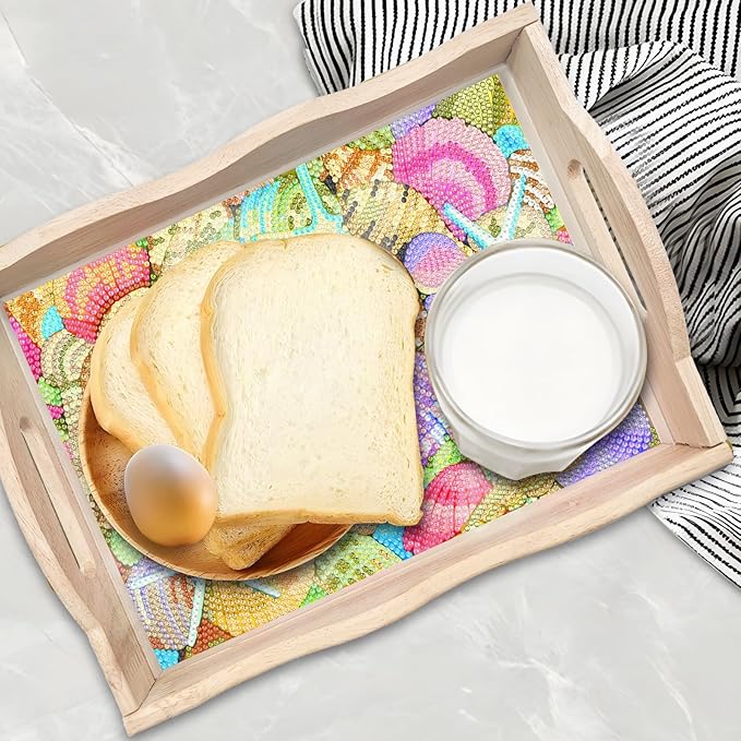 DIY Diamond Art Wooden Tray Kit With Handle, Painted Table Decoration for Breakfast, Bar Dinner, Gem Painting Art Set for Beginners (#08-Starfish Shell)