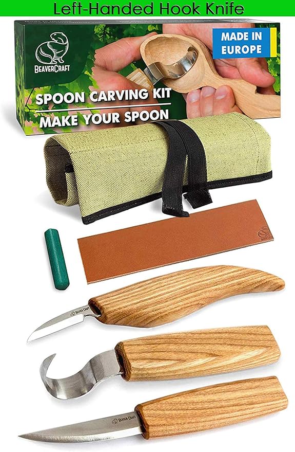 BeaverCraft S13L Wood Carving Tools Set for Spoon Carving 3 Knives in Tools Roll Leather Strop and Polishing Compound Hook Sloyd Detail Knife Left-Handed Spoon Carving Knives (S13L Left-Handed)