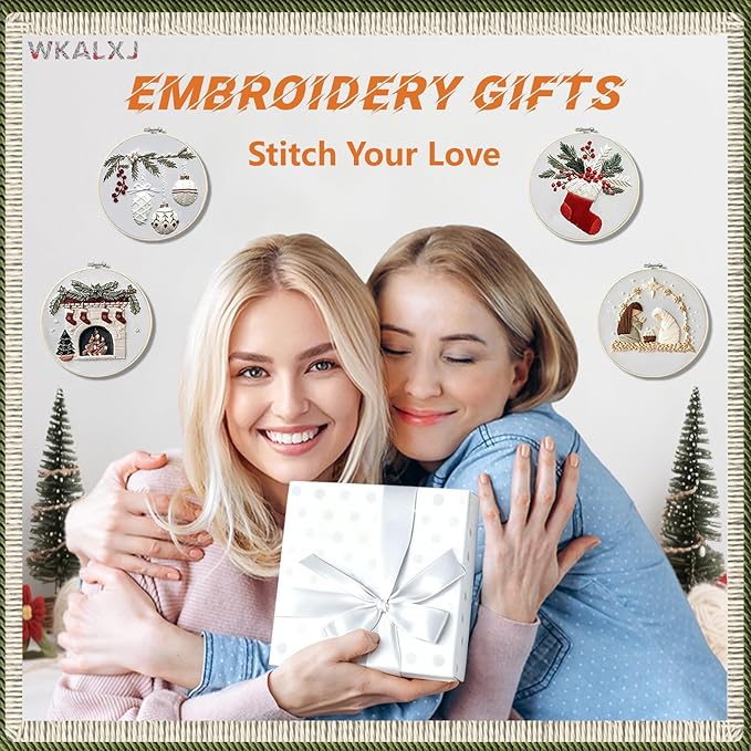 WKALXJ 4 Sets Christmas Embroidery Kits for Adults, Embroidery Kit for Beginners, Cross Stitch Kits for Beginners with Pattern, Needles, Threads, Tools (Holly+Fireplace+Stocking+Nativity Manger)