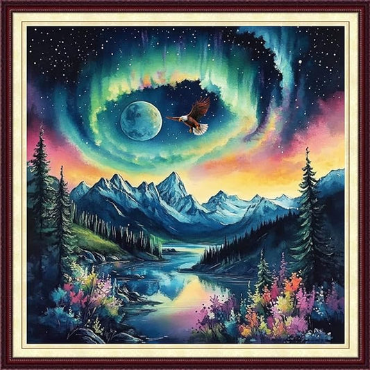 DMCCRAFT Stamped Cross Stitch Kits for Adults 11CT Printed Cross-Stitch Patterns Embroidery Kits Easy Cross Stitching Needlepoint Kits&Nighttime Northern Lights 18x18 inch