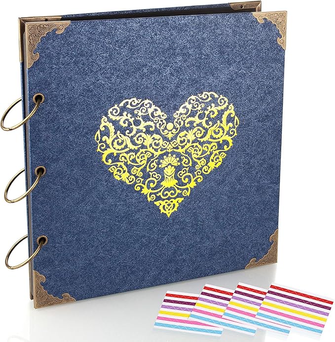 ADVcer Photo Album DIY Scrapbook (10x10 inch 50 Pages Double Sided) Vintage Hardcover Three-Ring Binder Picture Booth Albums with 6 Colors 408pcs Self Adhesive Photos Corners for Memory Keep (Blue)