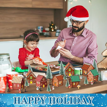 29 Pcs DIY Christmas Village Sets 12 Pcs Wood Village Houses Xmas Scene Figurines Decoration Mini Tree Desktop Ornament for Indoor Room Landscape Xmas Holiday Party Decor(Cute Style)