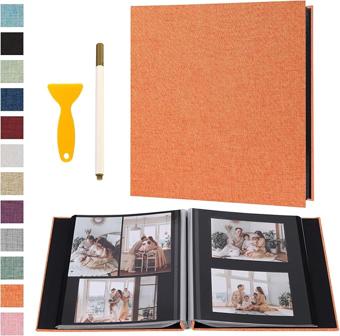 Photo Album Self Adhesive Pages Black Sticky Pages Large Scrapbook Linen Cover for 4x6 5x7 8x10 Pictures Album de Fotos Wedding Couples Baby Family Memory Book, 13.2x12.8 Orange 40 Pages