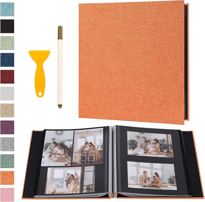 Photo Album Self Adhesive Pages Black Sticky Pages Large Scrapbook Linen Cover for 4x6 5x7 8x10 Pictures Album de Fotos Wedding Couples Baby Family Memory Book, 13.2x12.8 Orange 40 Pages
