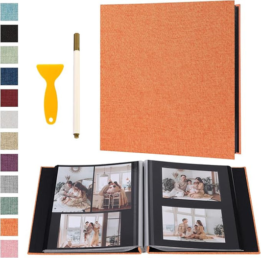 Photo Album Self Adhesive Pages Black Sticky Pages Large Scrapbook Linen Cover for 4x6 5x7 8x10 Pictures Album de Fotos Wedding Couples Baby Family Memory Book, 13.2x12.8 Orange 40 Pages